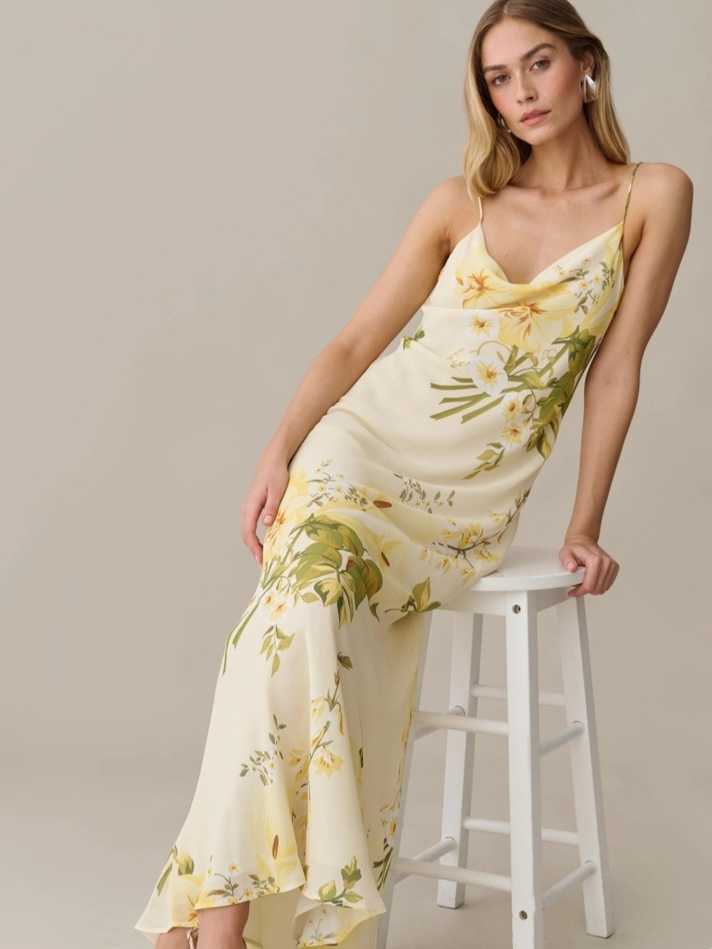 Few Moda Cream Floral Slip Maxi Dress with Cowl Neck